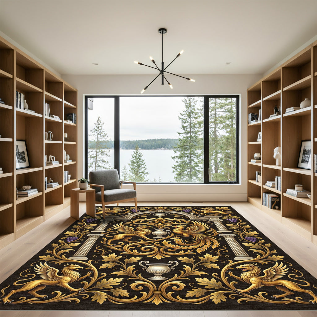 Ornate Gold Gryphon Phoenix Foliage Accent Rug