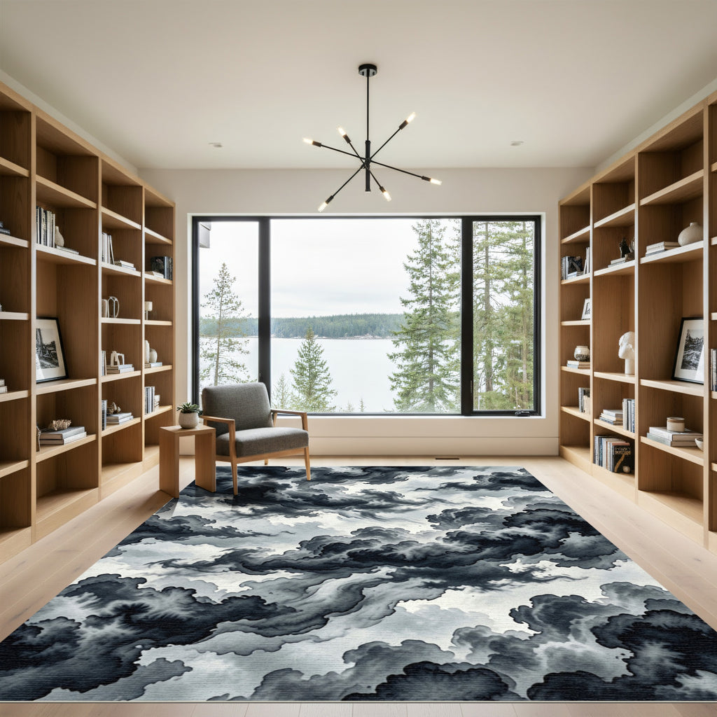 Moody Monochrome Ink Wash Storm Sky Rug