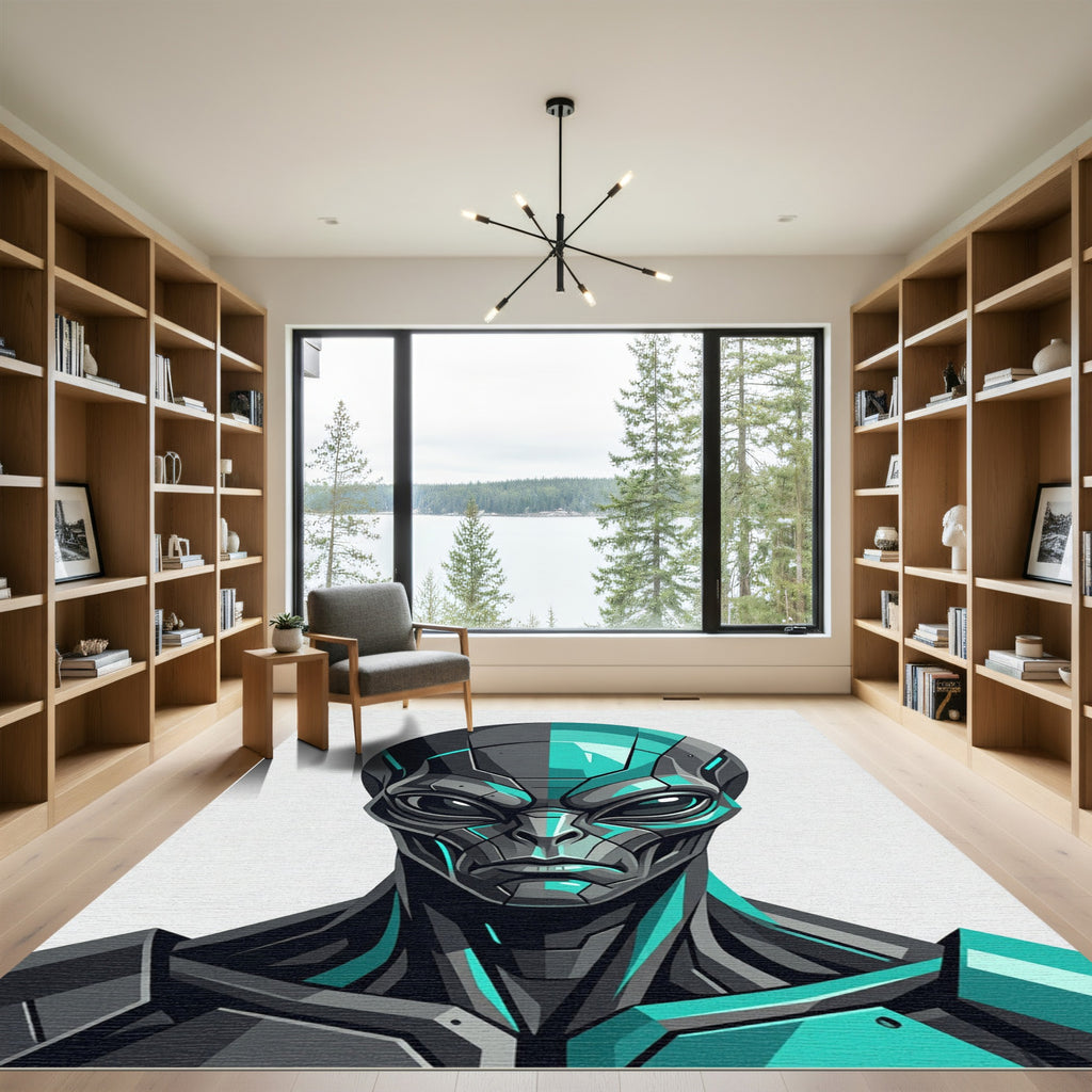 Cybernetic Teal Alien Portrait Graphic Rug