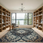 Elegant Slate Damask Circular Medallion Rug