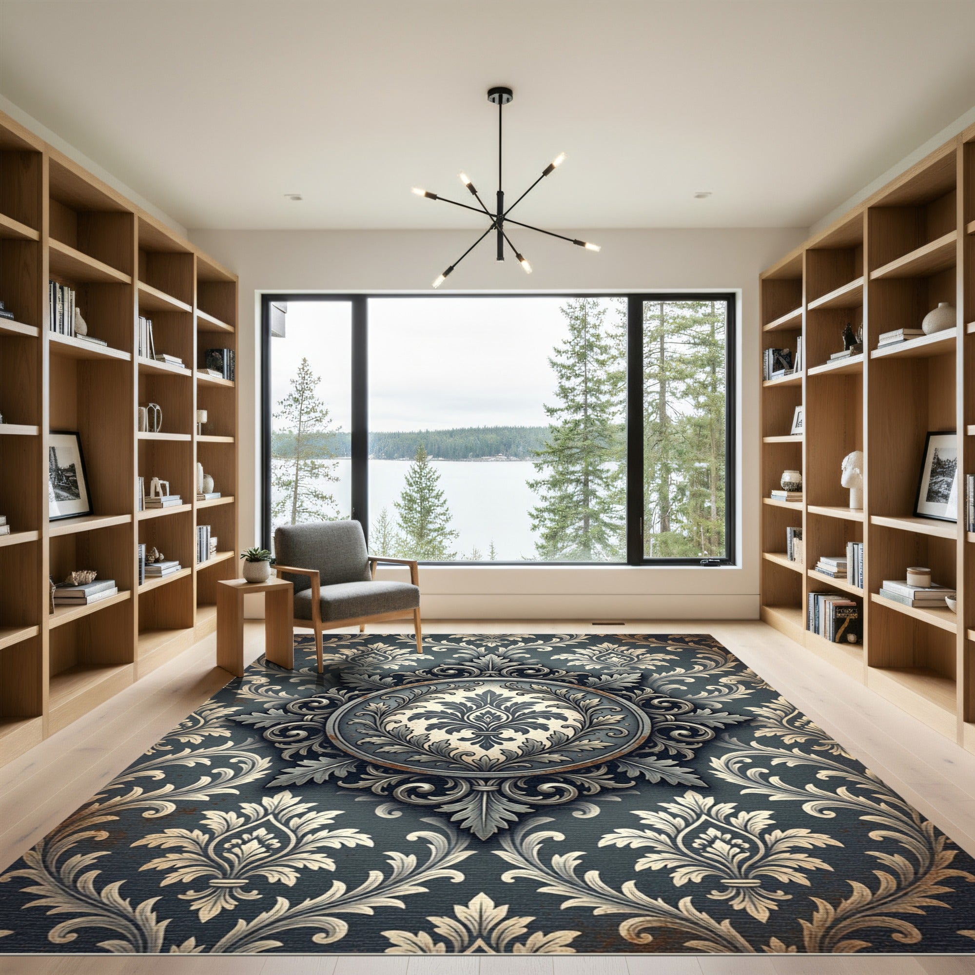 Elegant Slate Damask Circular Medallion Rug