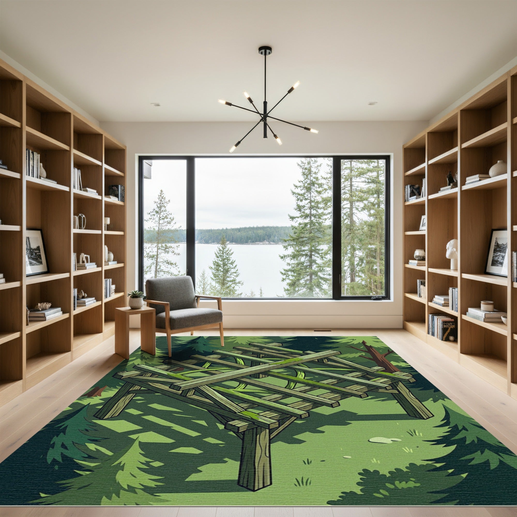 Mossy Timber Forest Frame Grid Rug