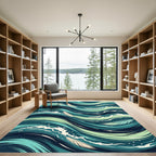 Teal Ocean Waves Feather Swirl Rug