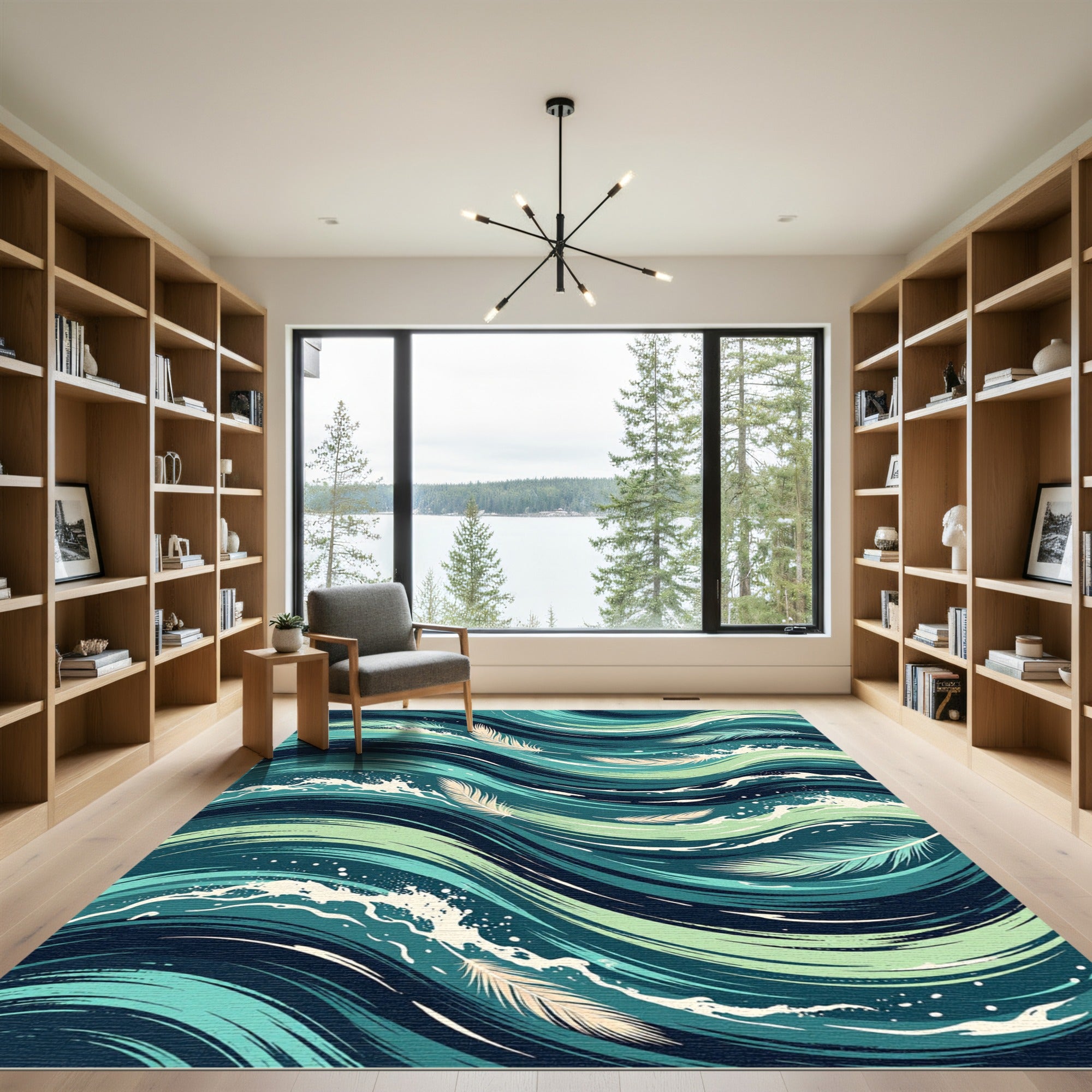 Teal Ocean Waves Feather Swirl Rug