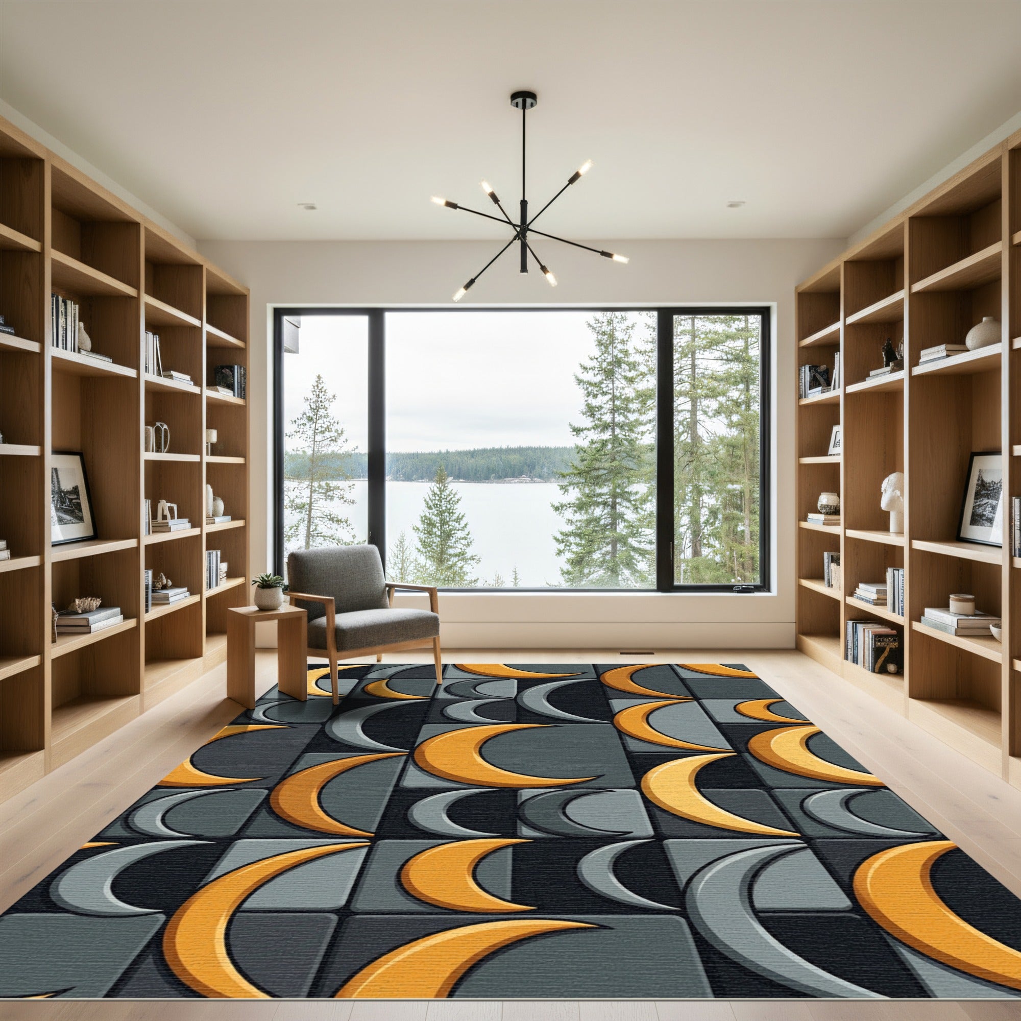 Golden Crescent Moon Geometric Rug