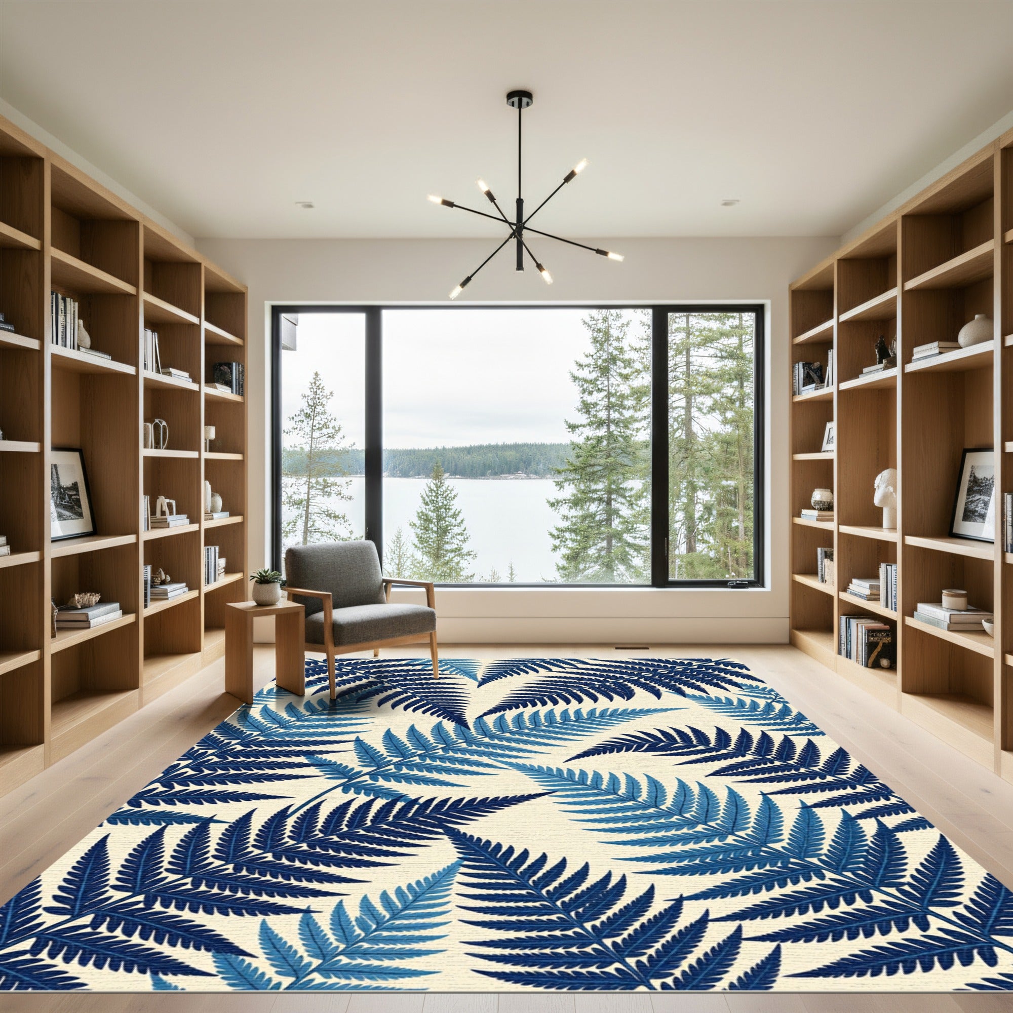 Indigo Fern Leaf Pattern Rug