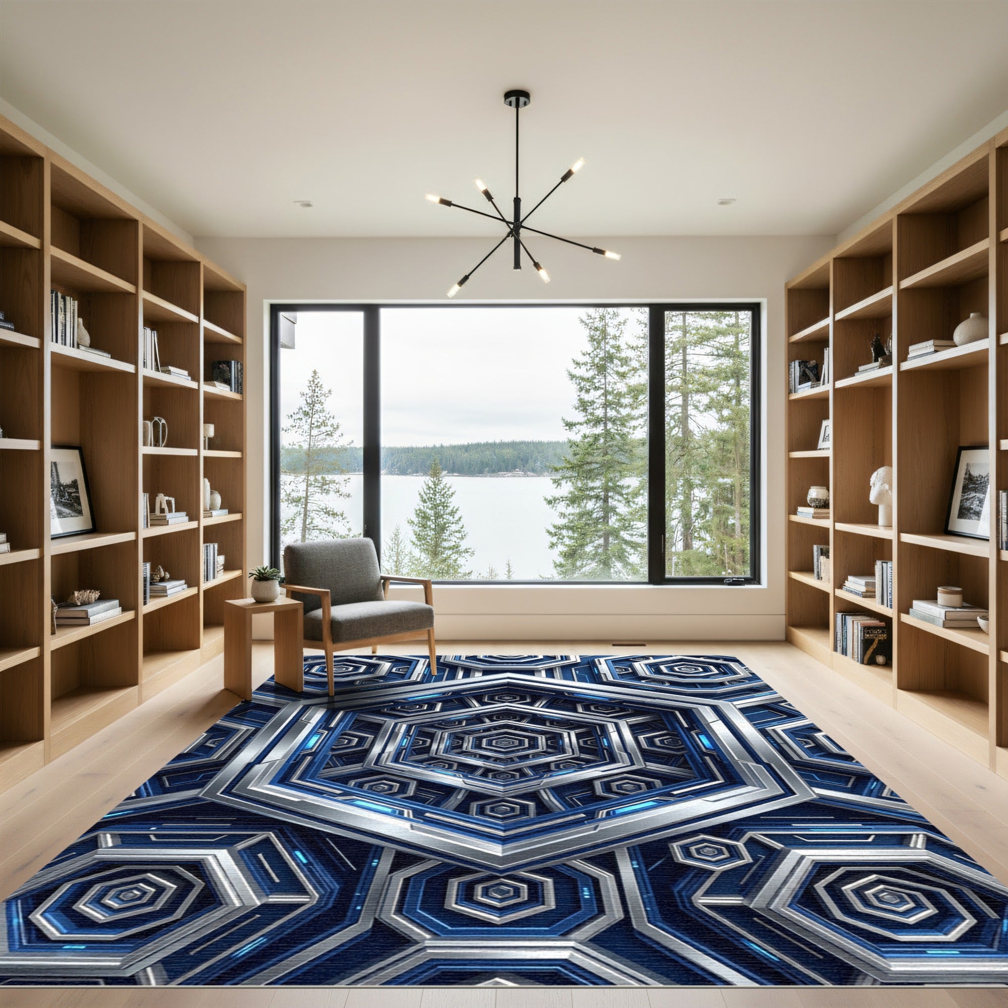 Futuristic Metallic Blue Geometric Hexagon Rug