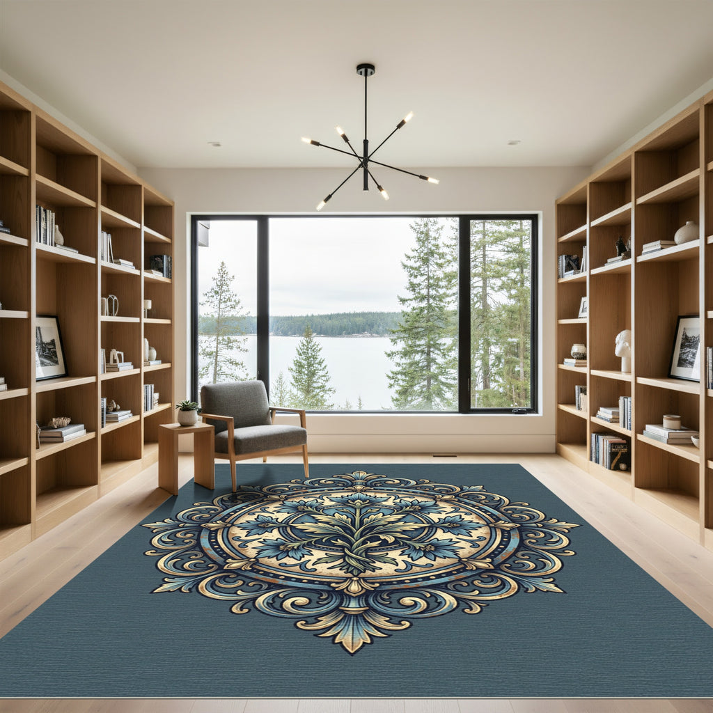 Ornate Blue Floral Medallion Rug