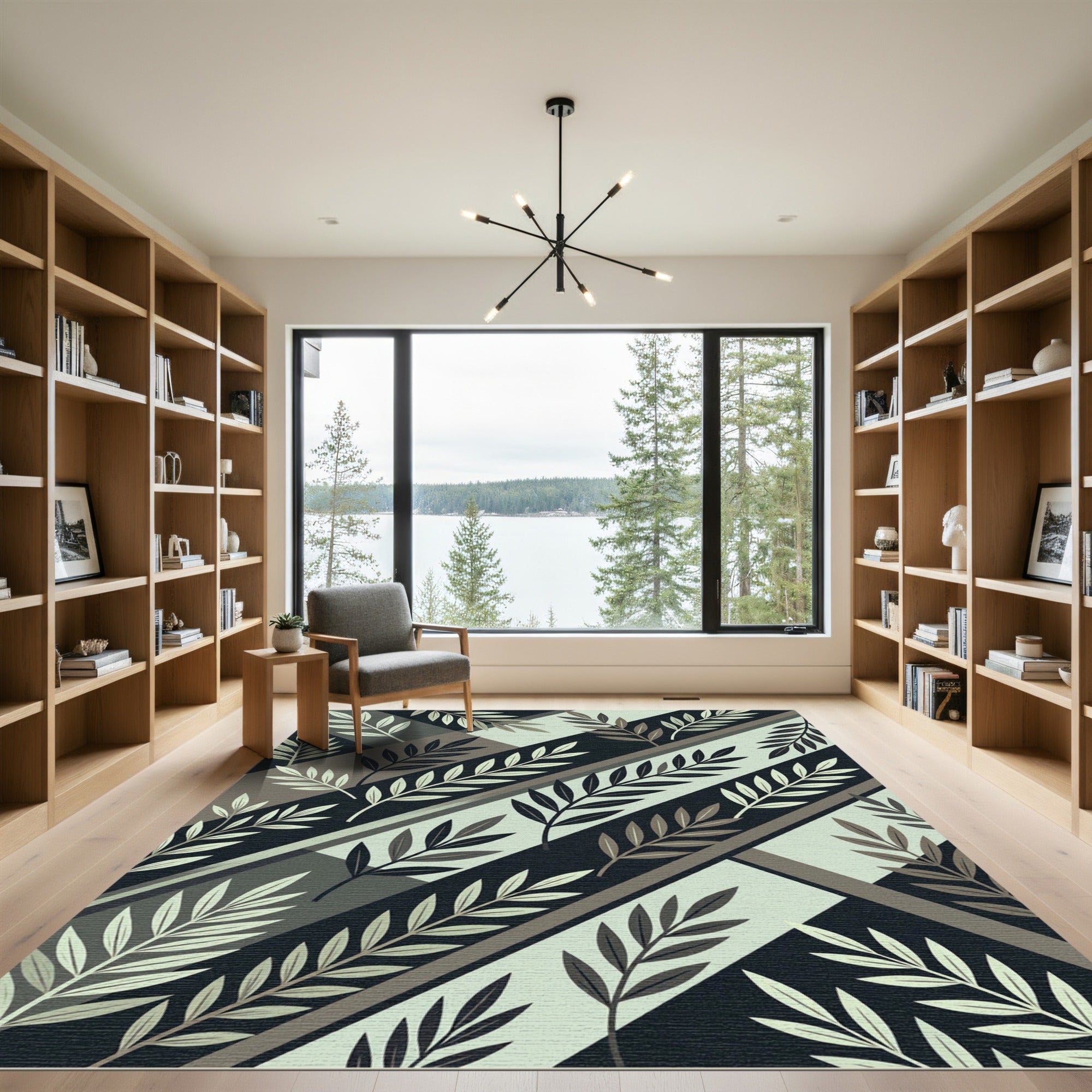 Sophisticated Sage and Charcoal Diagonal Leaf Rug