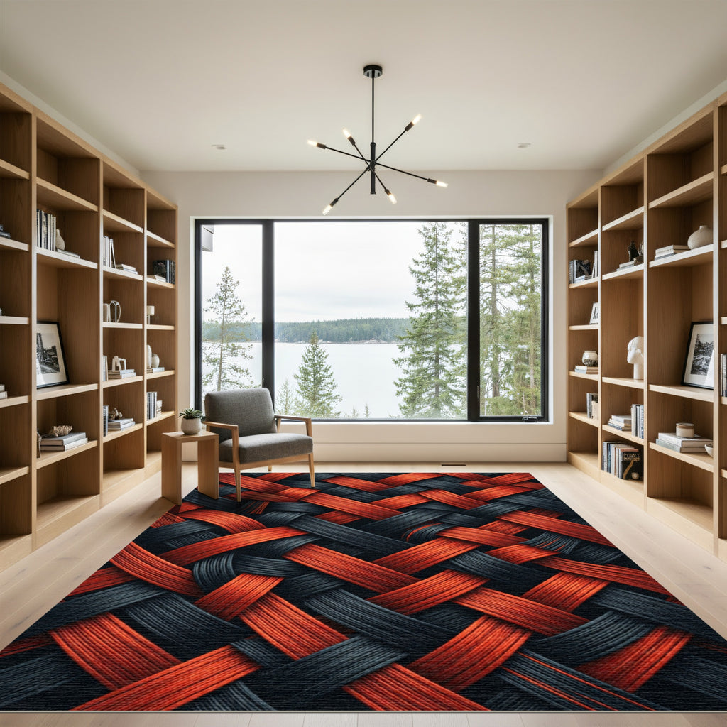 Bold Crimson and Charcoal Interwoven Weave Rug