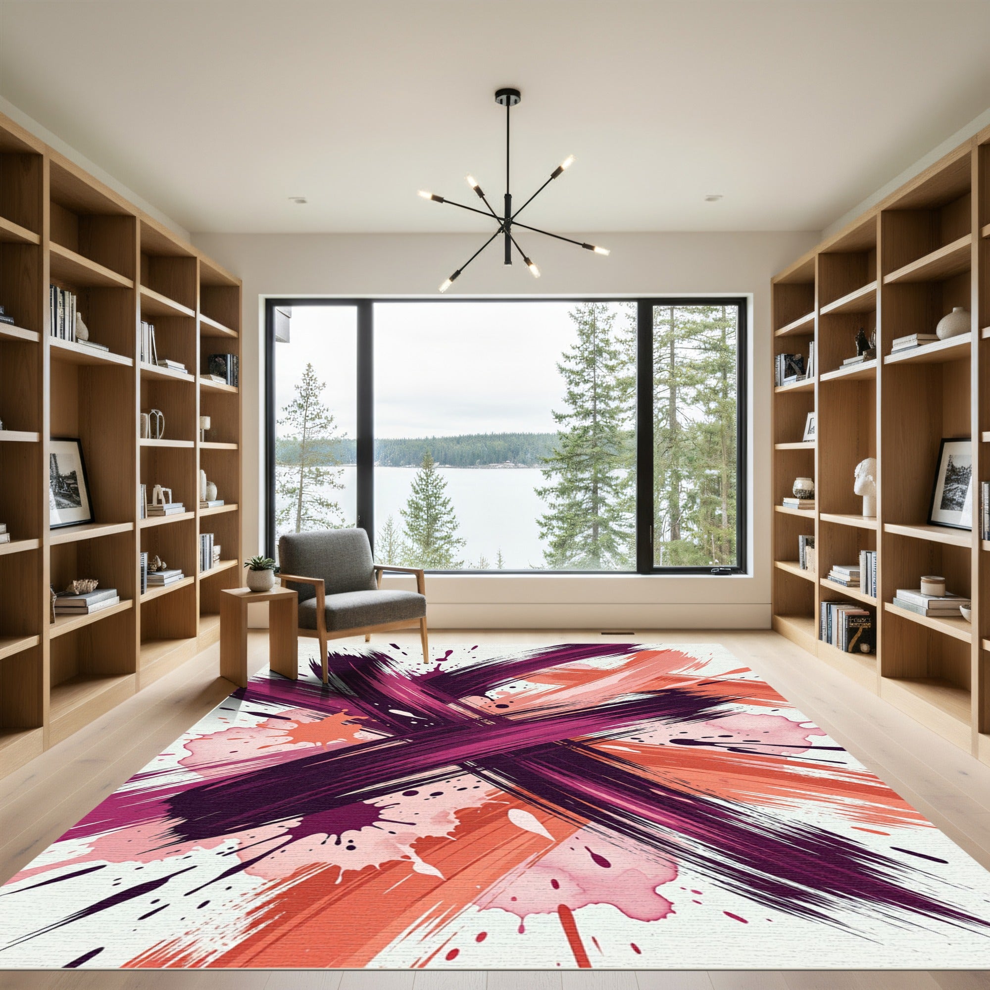 Abstract Crimson and Coral Brushstroke Art Rug