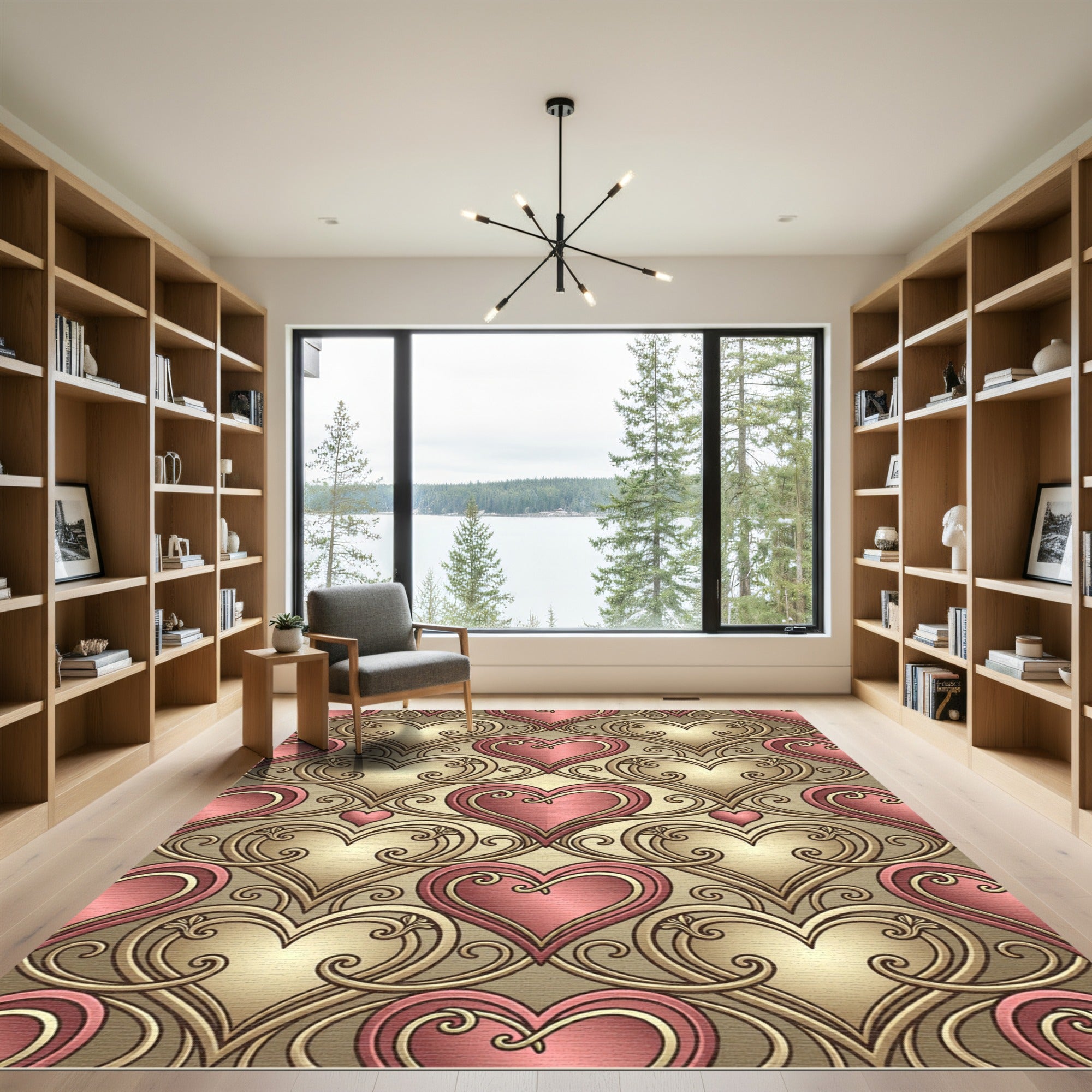 Pink Gold Heart Scrollwork Pattern Rug