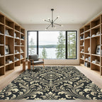 Elegant Gold Damask Charcoal Scroll Rug