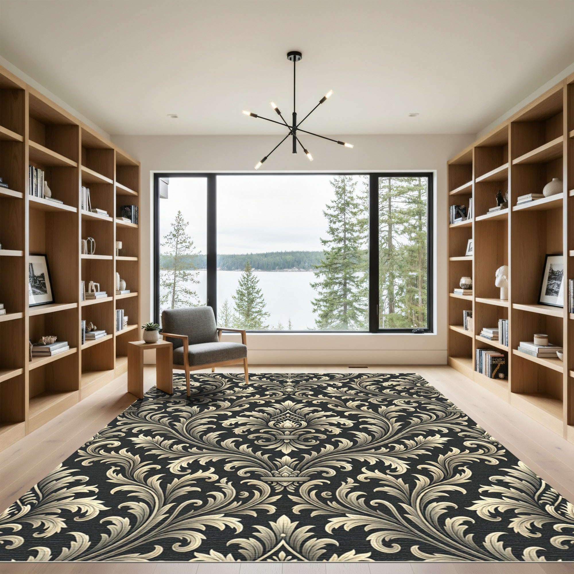 Elegant Gold Damask Charcoal Scroll Rug