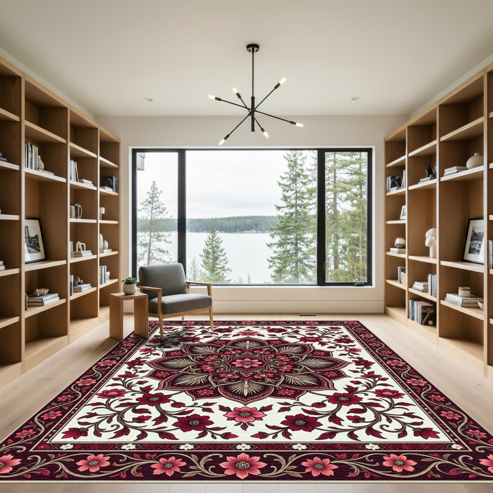 Elegant Deep Red Floral Mandala Art Rug