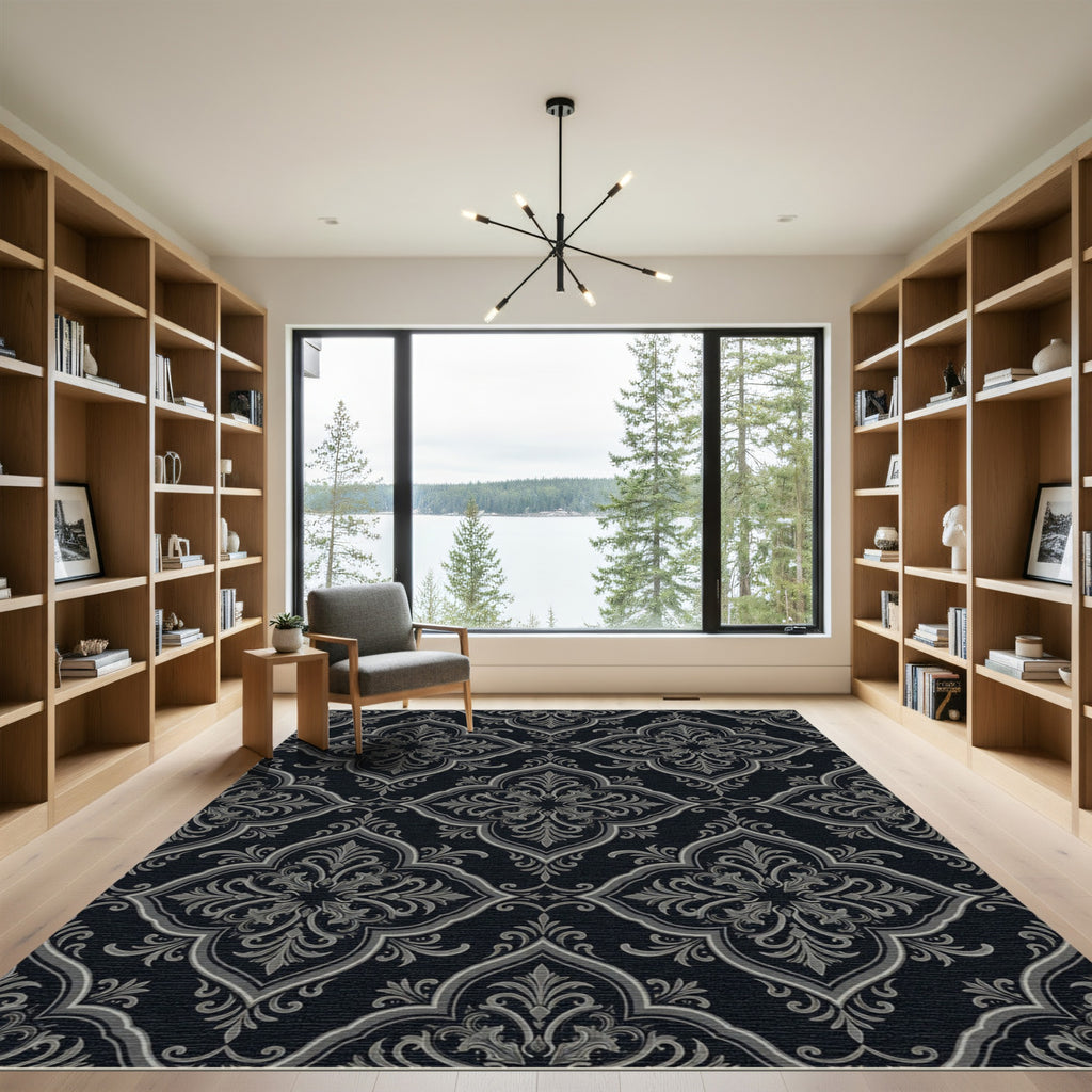 Dark Gray Damask Floral Scroll Rug