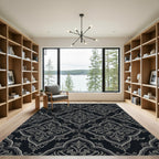 Dark Gray Damask Floral Scroll Rug