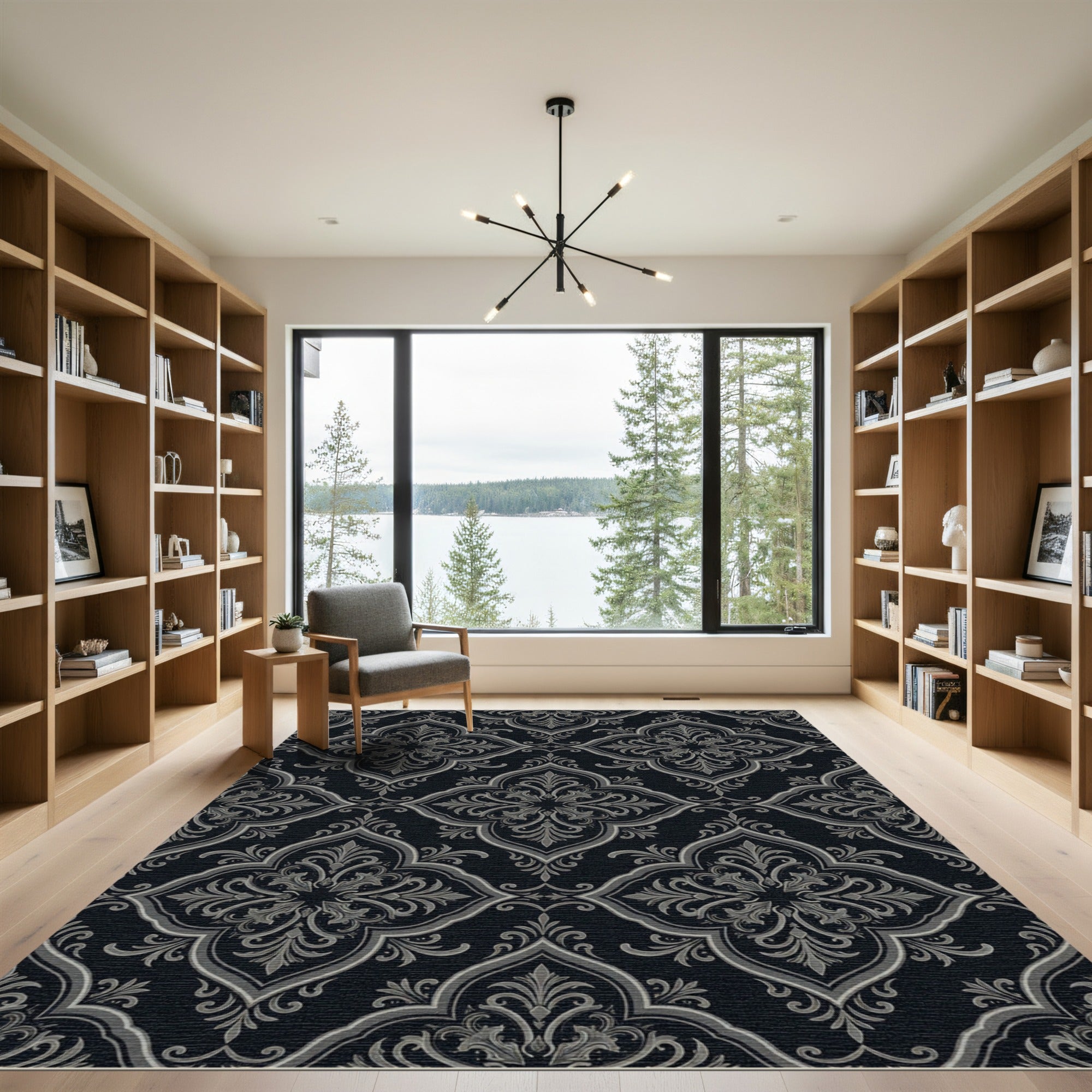 Dark Gray Damask Floral Scroll Rug