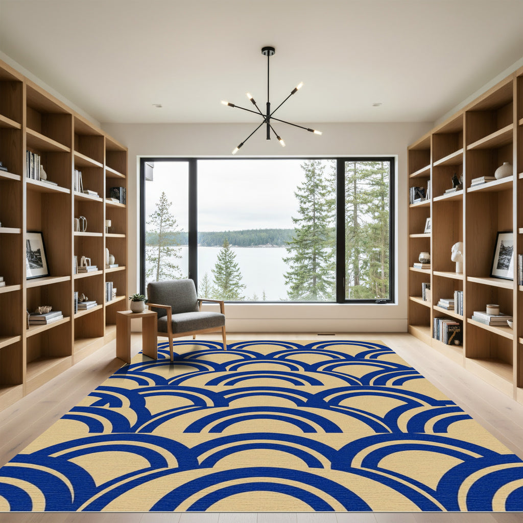 Bold Navy Blue Geometric Arch Grid Rug