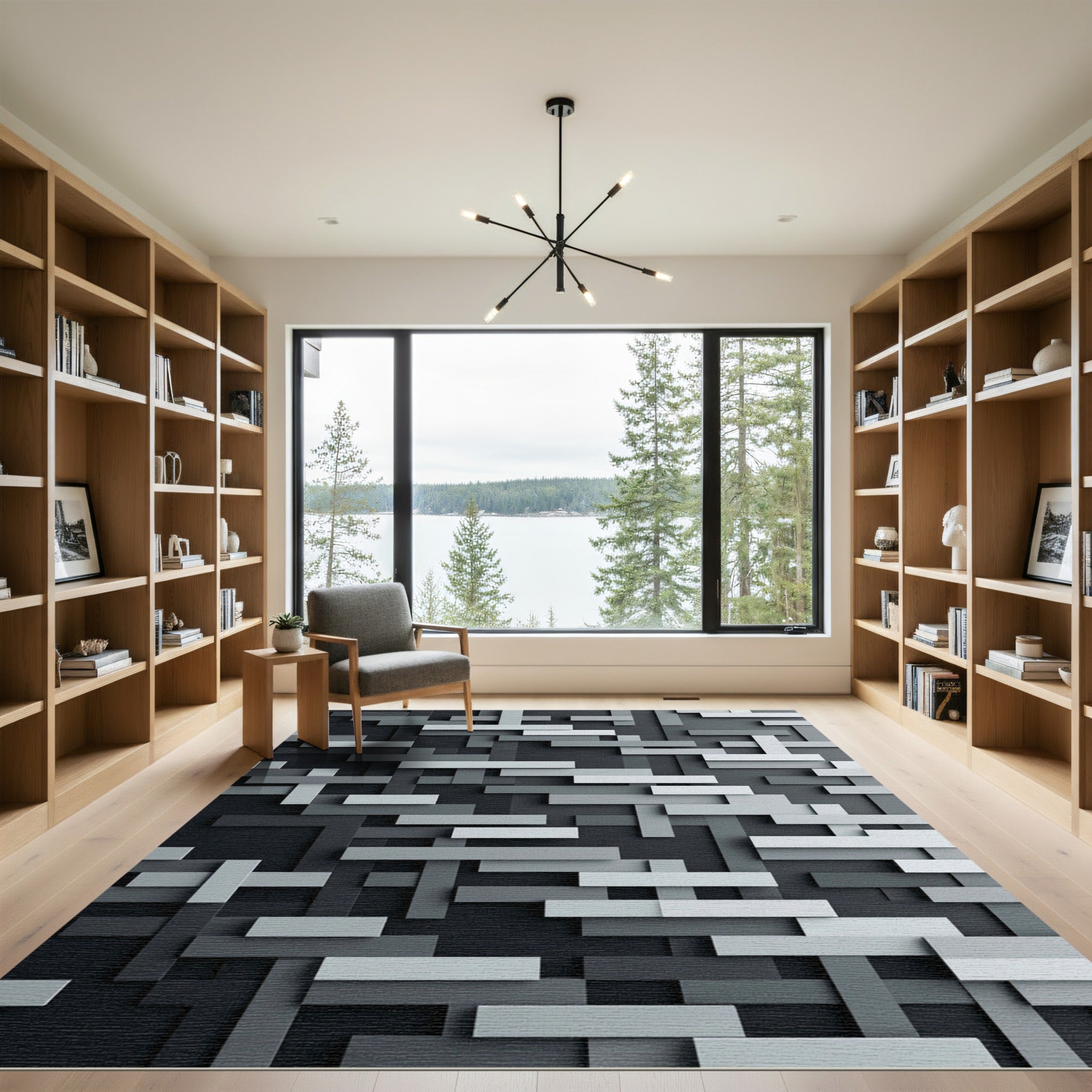 Monochromatic Gray Geometric Block Grid Rug