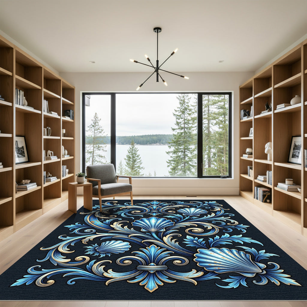 Ornate Blue Shell And Acanthus Scroll Rug