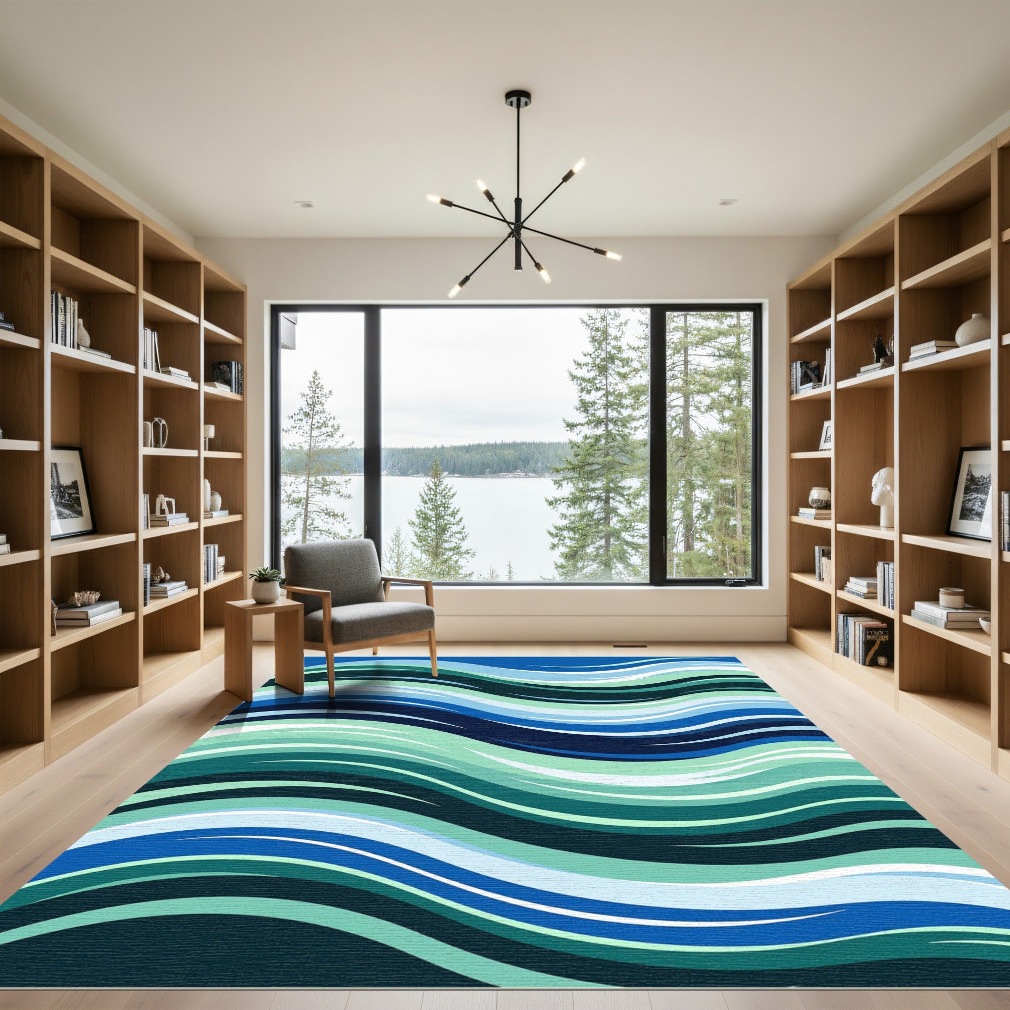 Abstract Ocean Blue Wavy Stripe Rug