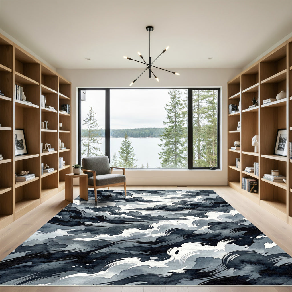 Dramatic Black White Ink Waves Rug