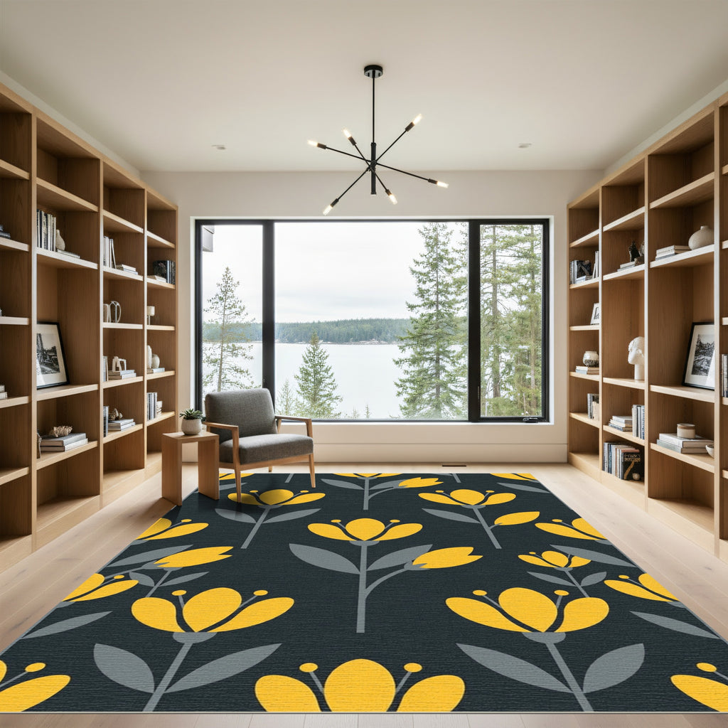 Mid-Century Golden Floral Charcoal Rug