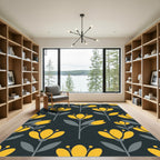 Mid-Century Golden Floral Charcoal Rug