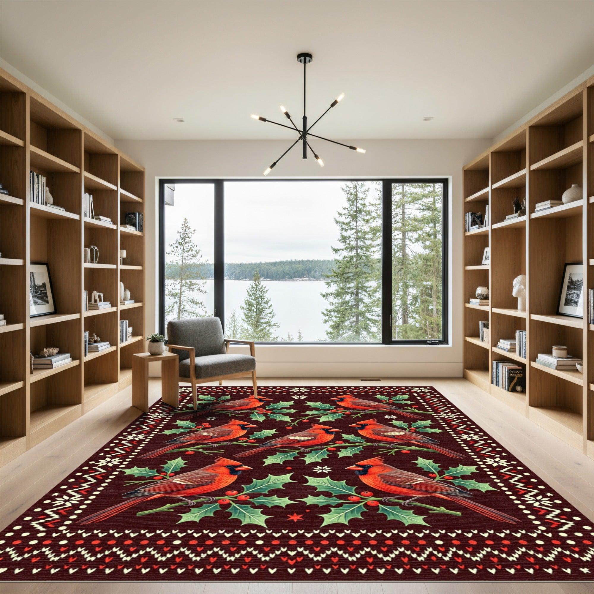 Festive Red Cardinal Holly Branch Rug
