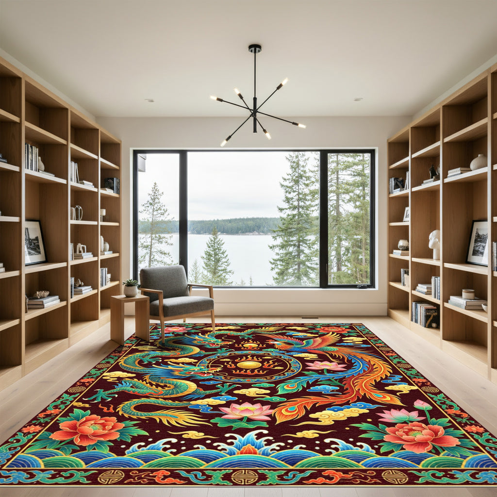 Vibrant Emerald Dragon Phoenix Medallion Rug
