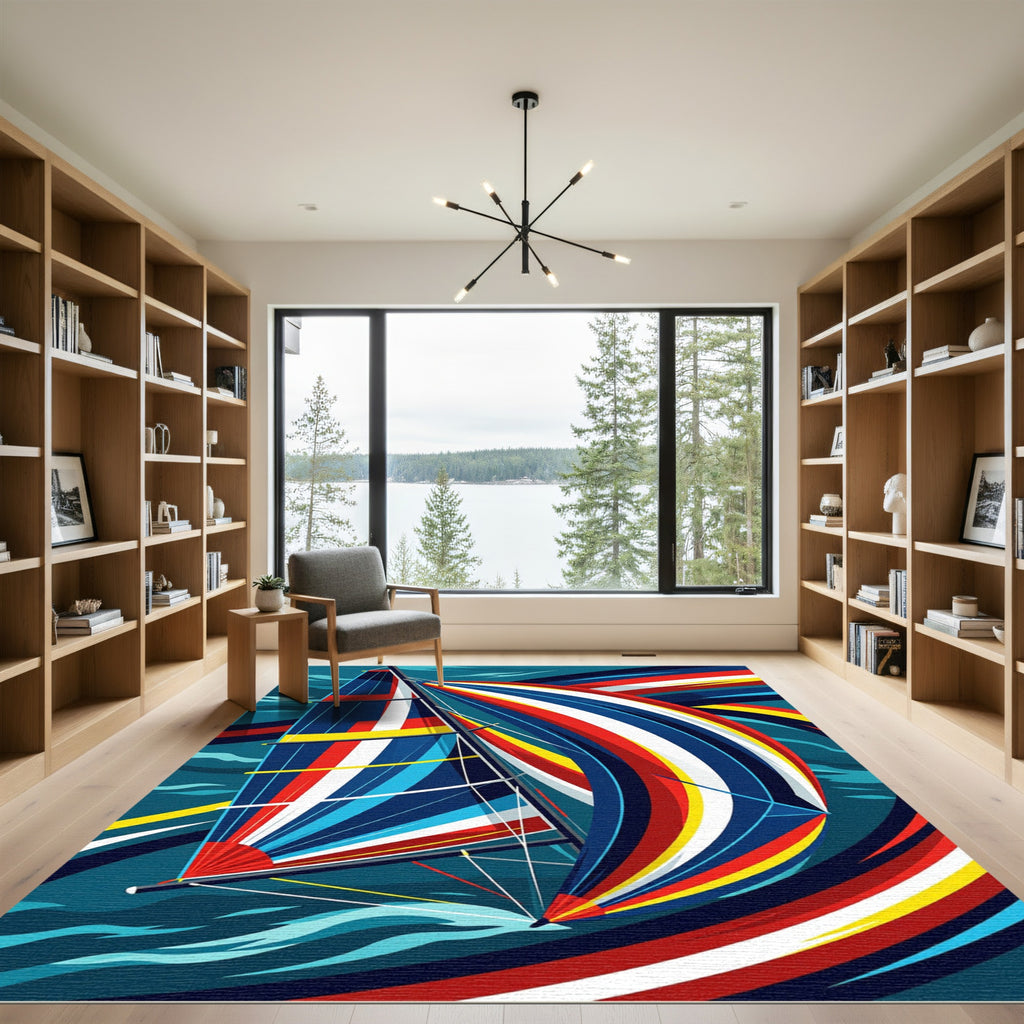 Vibrant Nautical Abstract Sailboat Wave Rug