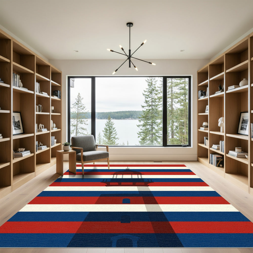 Lighthouse Silhouette Red White Blue Striped Rug