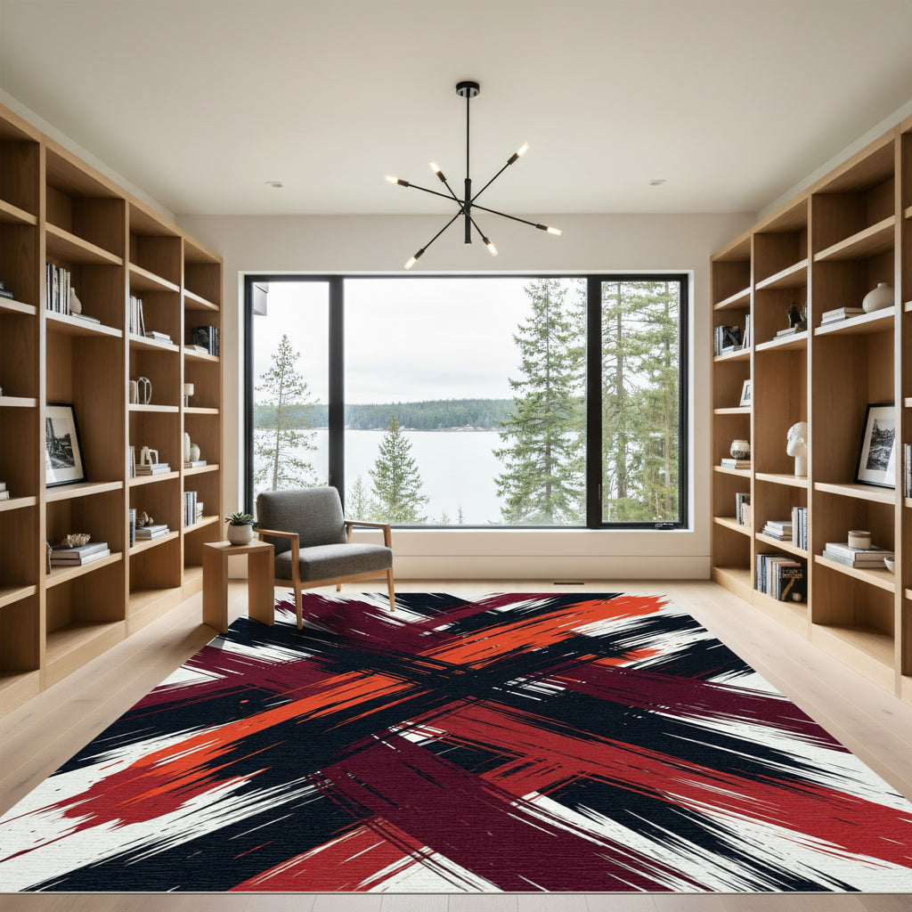 Bold Black Red Abstract Cross Stroke Rug
