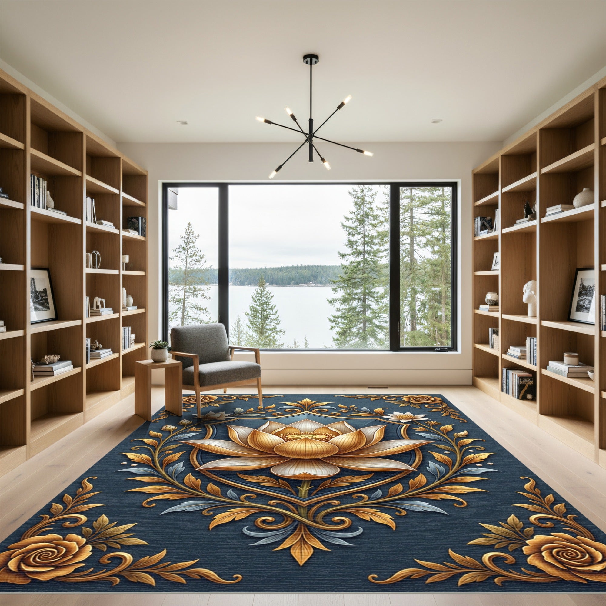 Golden Lotus Shield Navy Floral Art Rug