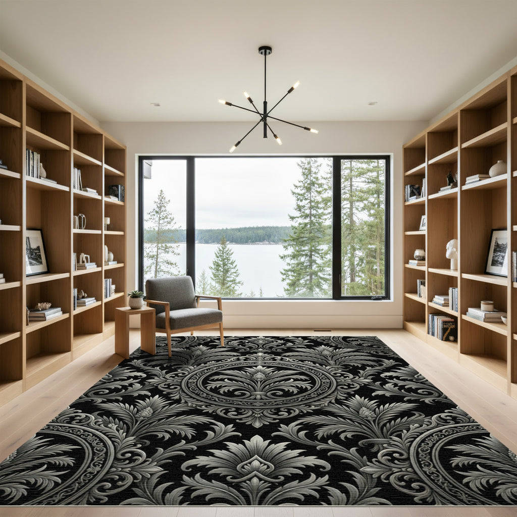 Monochromatic Ornate Floral Scroll Rug