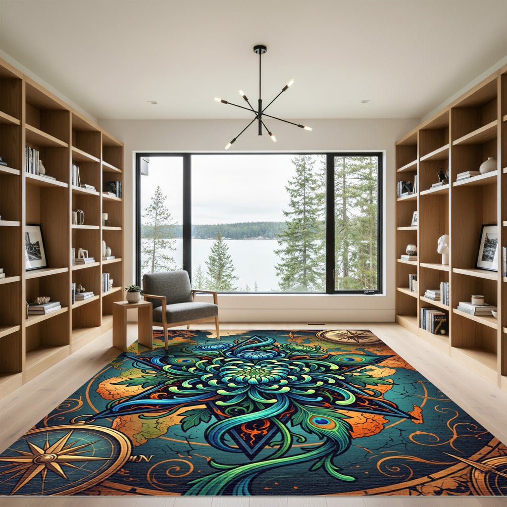 Celestial Teal Lotus Star Map Rug