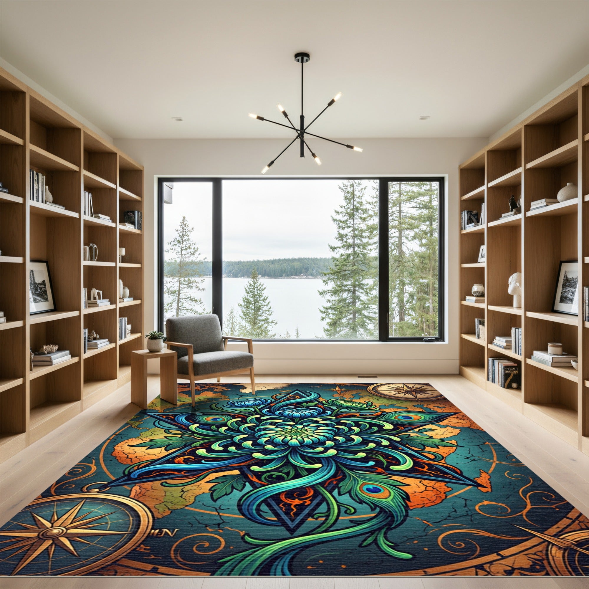 Celestial Teal Lotus Star Map Rug