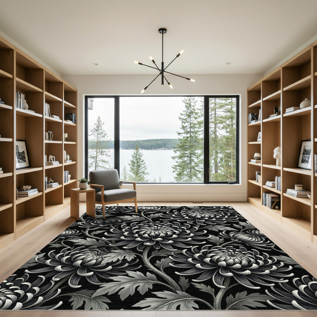Monochromatic Black and White Chrysanthemum Floral Rug
