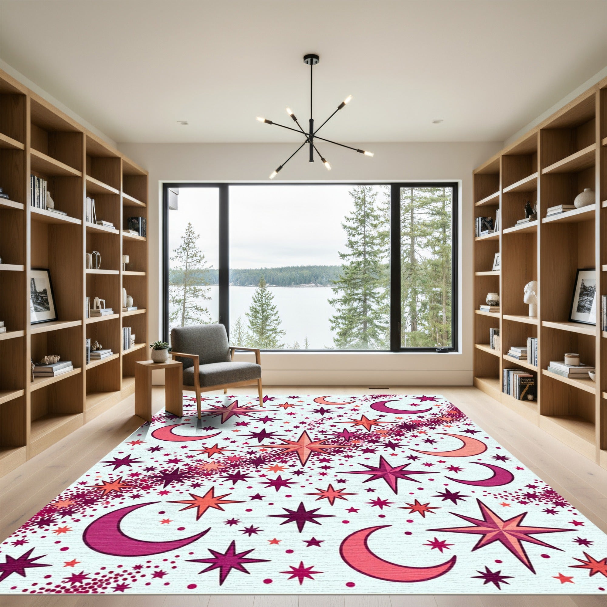 Cosmic Crimson Stars Crescent Moons Rug