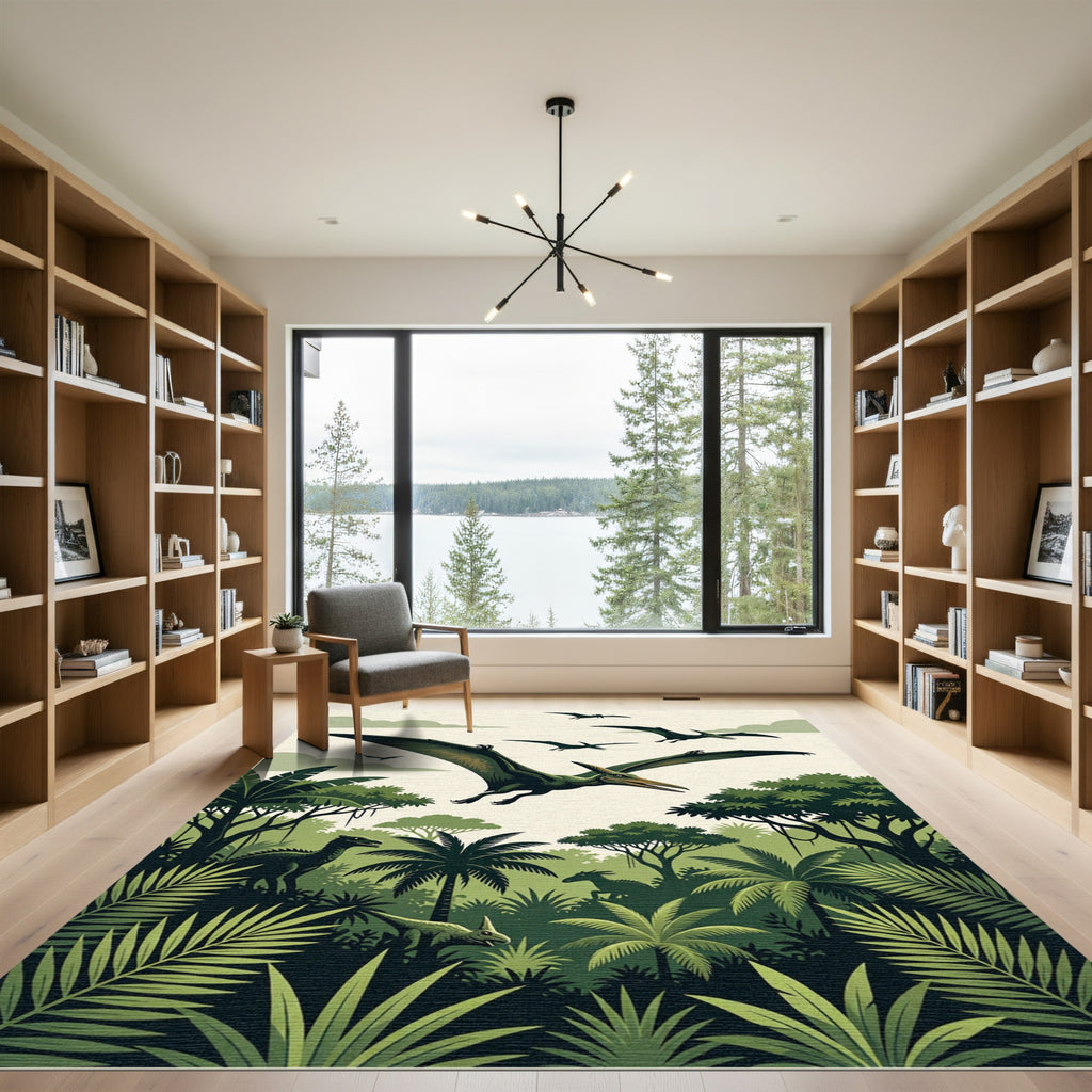 Lush Green Prehistoric Pterodactyl Jungle Landscape Rug