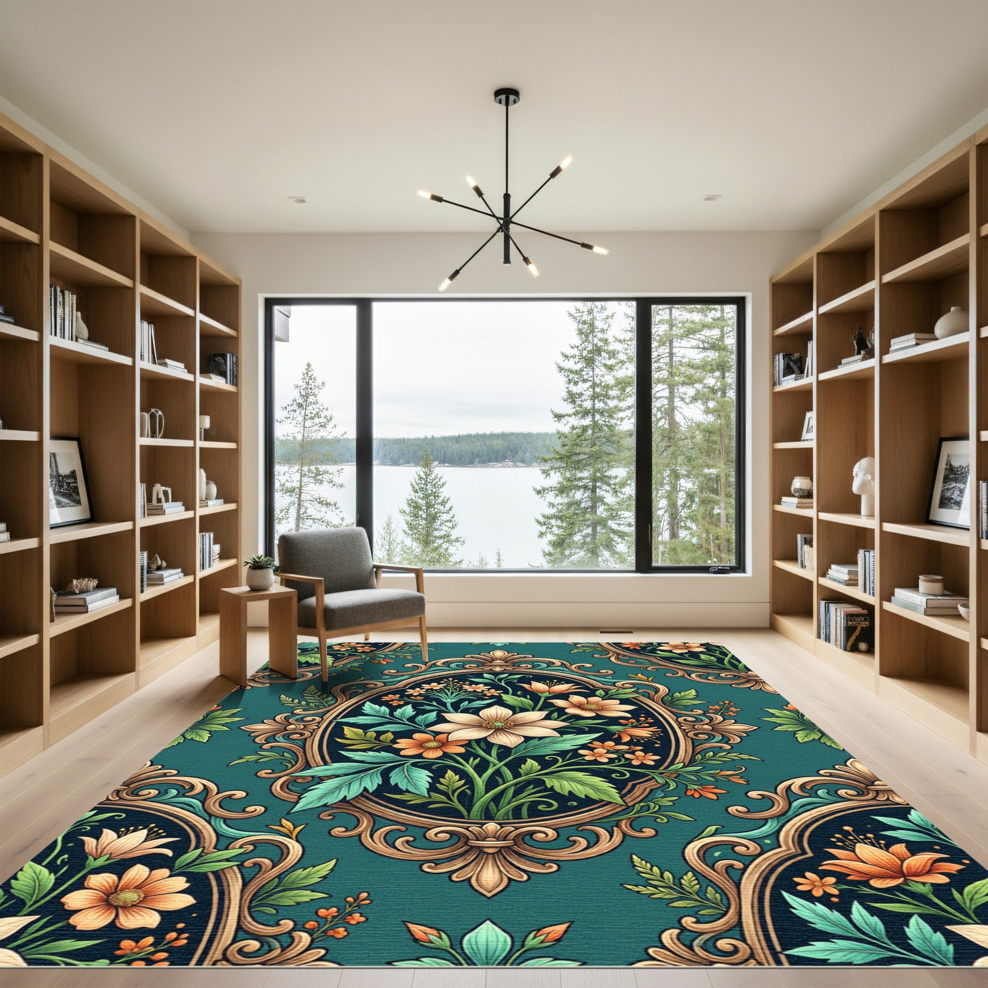Vintage Teal Floral Ornate Frame Rug