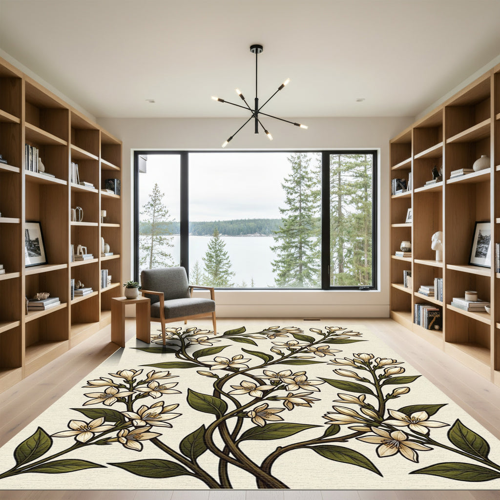 Elegant Cream Botanical Jasmine Vine Rug