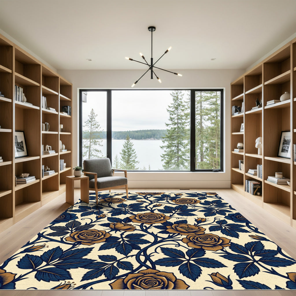 Gold Rose Navy Leaf Arrangement Rug