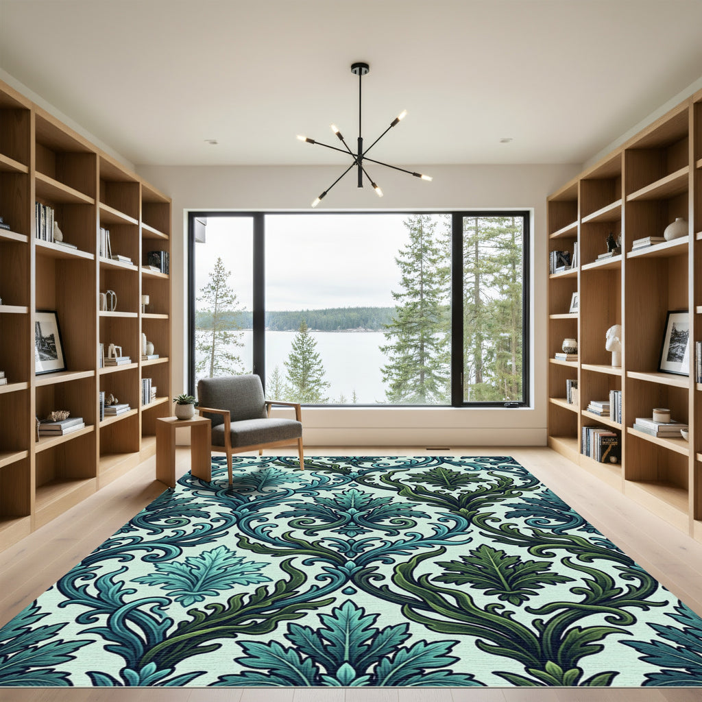 Ornate Teal and Forest Green Damask Rug