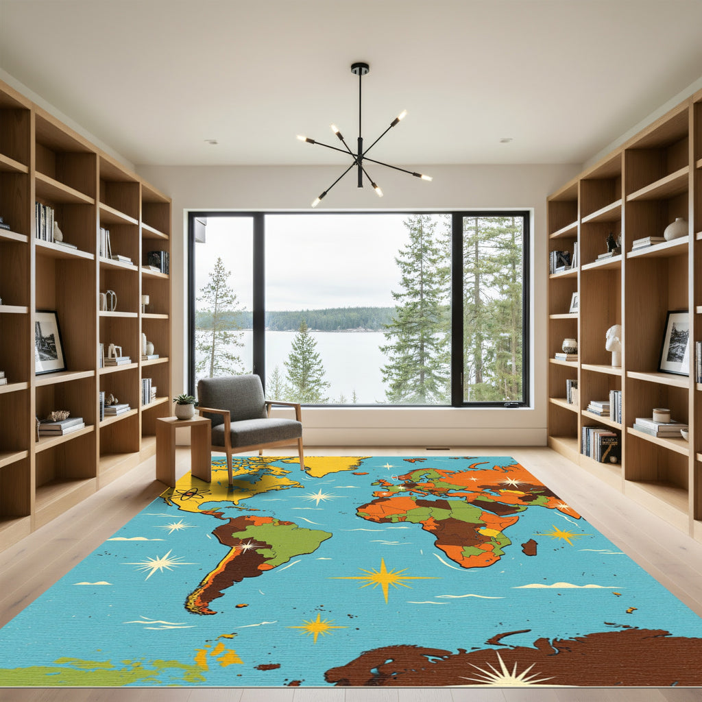 Retro Atomic Era Celestial World Map Rug