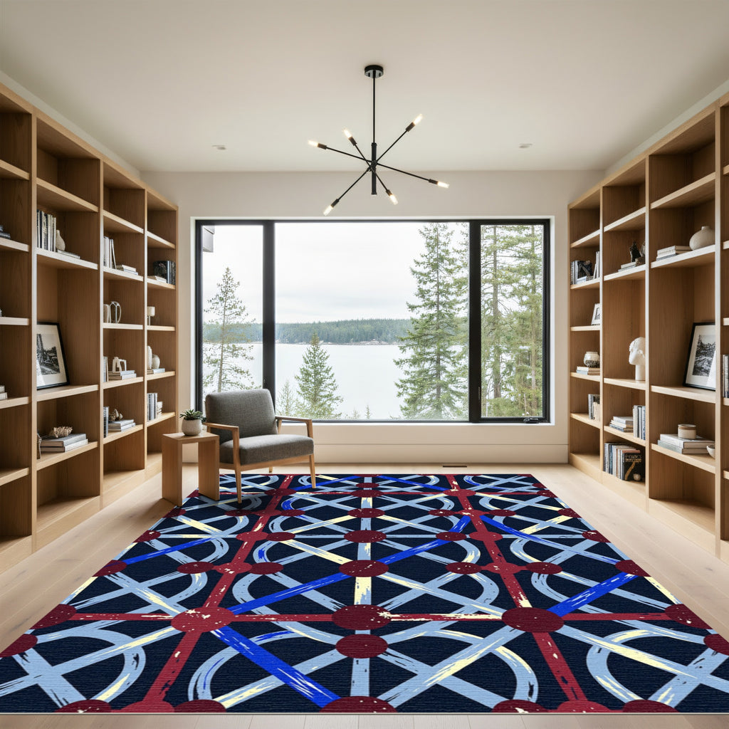 Burgundy Blue Lattice Geometric Rug