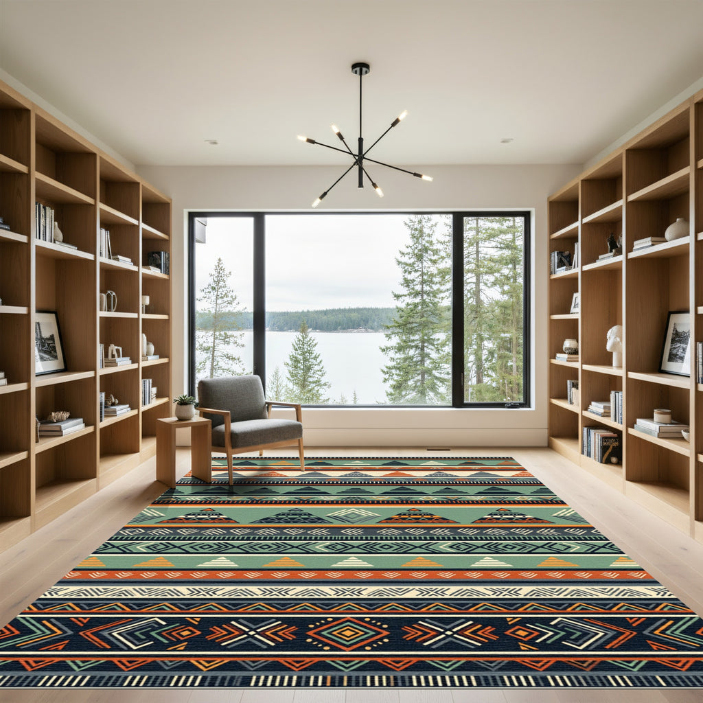 Tribal Geometric Arrows Ochre Green Rug