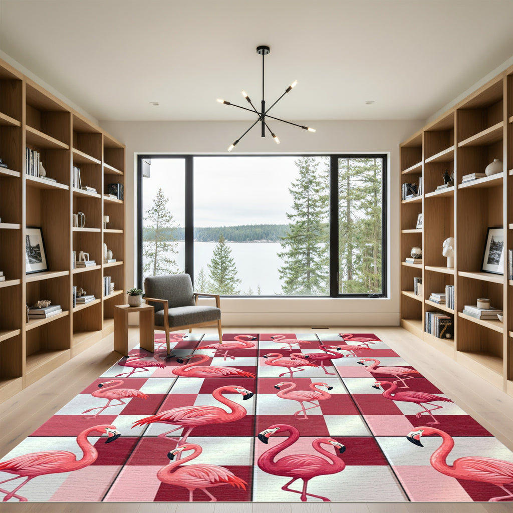 Vibrant Pink Flamingo Checkered Art Rug