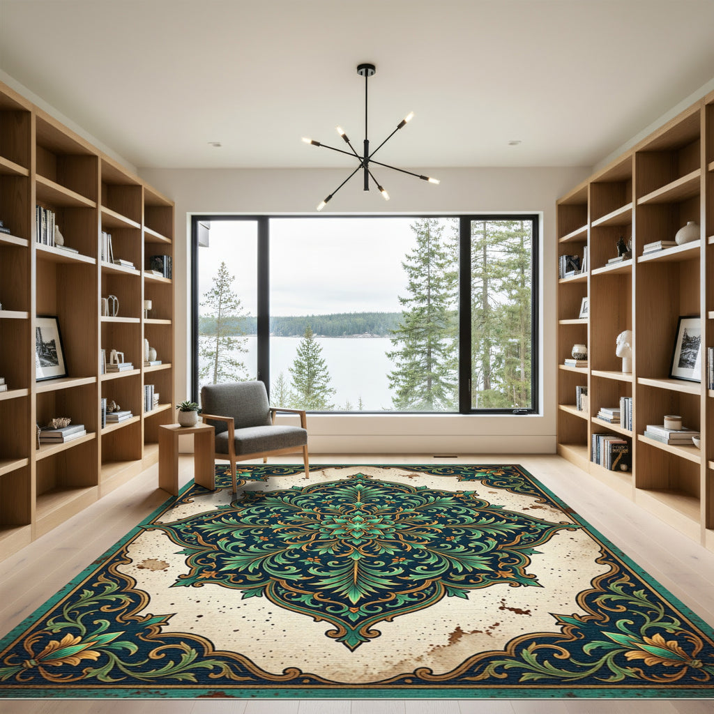 Ornate Emerald Teal Foliage Medallion Rug